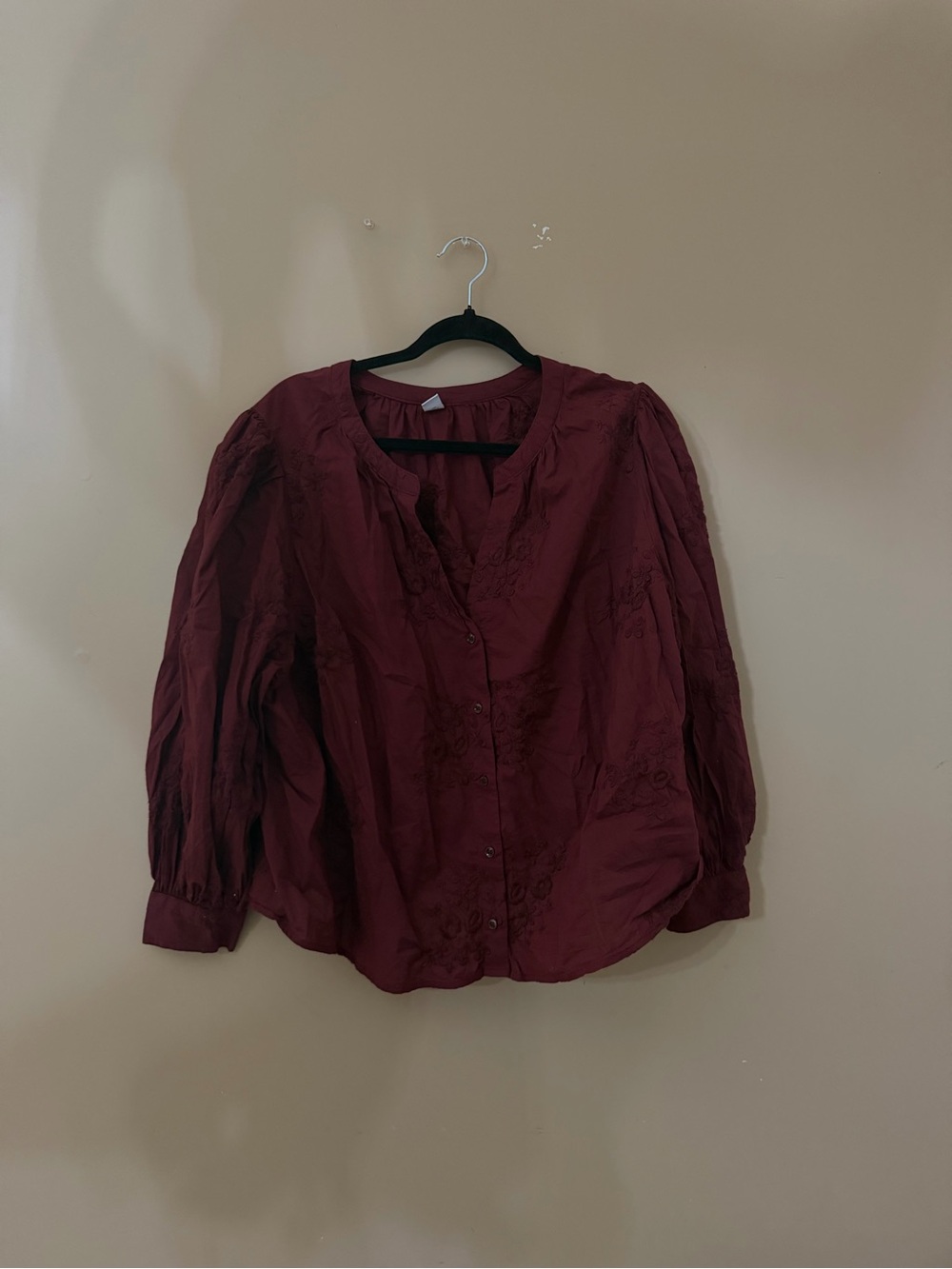 Women's Embroidered Button-Front Blouse - Burgundy